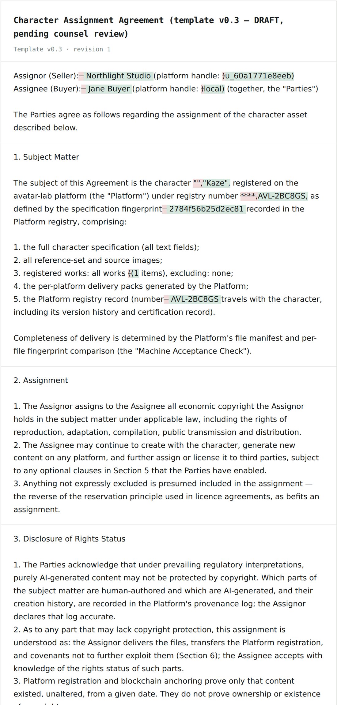 Redline view: additions in green and deletions in red against the platform's standard template.
