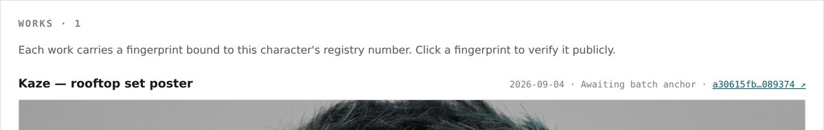 A registered work on a public character page, showing its date, anchoring status and a clickable fingerprint.